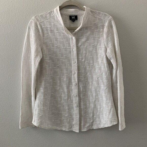 W by WORTH Womens Size Medium White Textured Stretch Button Up Blouse - Picture 1 of 6